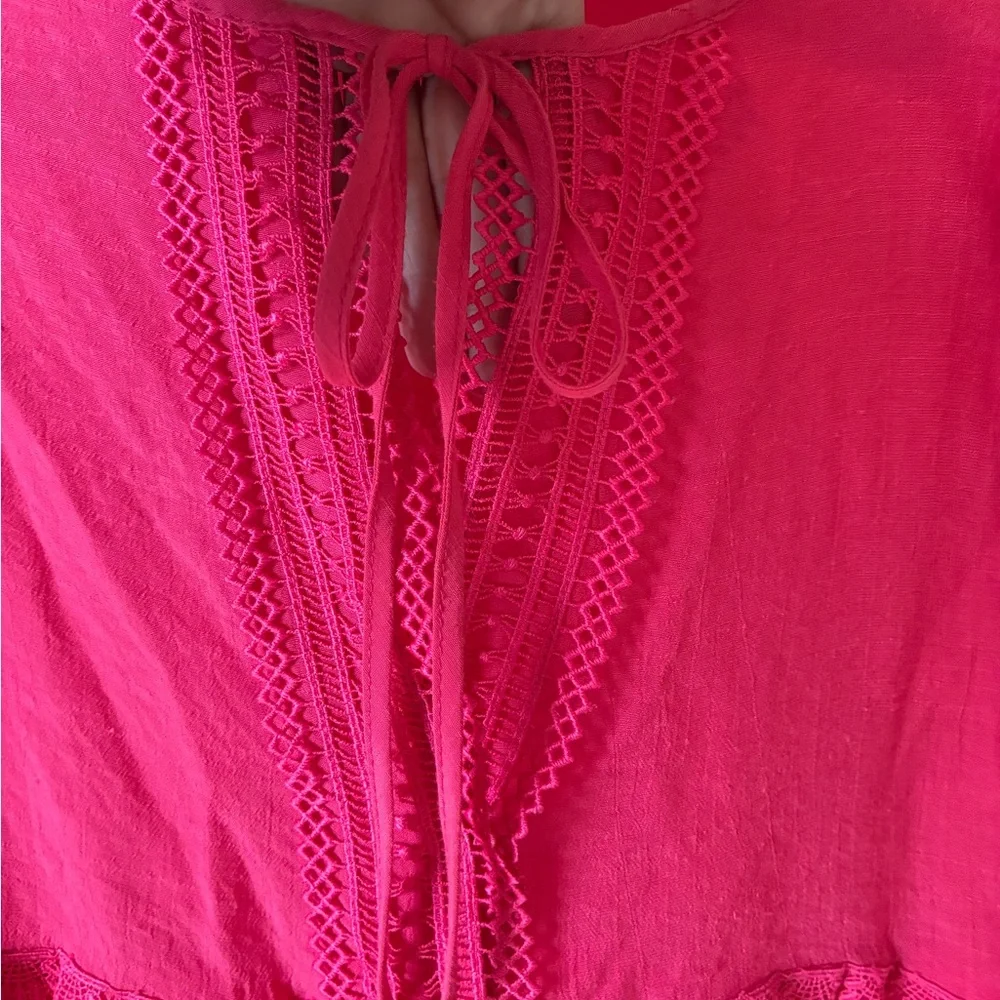 Nanette Lepore Hot Pink Ruffle Sleeve Tie Front Blouse Top Boho Coquette L - Picture 5 of 9